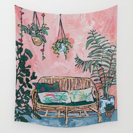 Rattan Bench in Painterly Pink Jungle Room Wall Tapestry