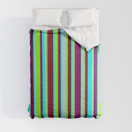 [ Thumbnail: Cyan, Powder Blue, Chartreuse, Purple & Dark Red Colored Lines/Stripes Pattern Comforter ]