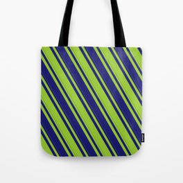 [ Thumbnail: Midnight Blue & Green Colored Lines Pattern Tote Bag ]