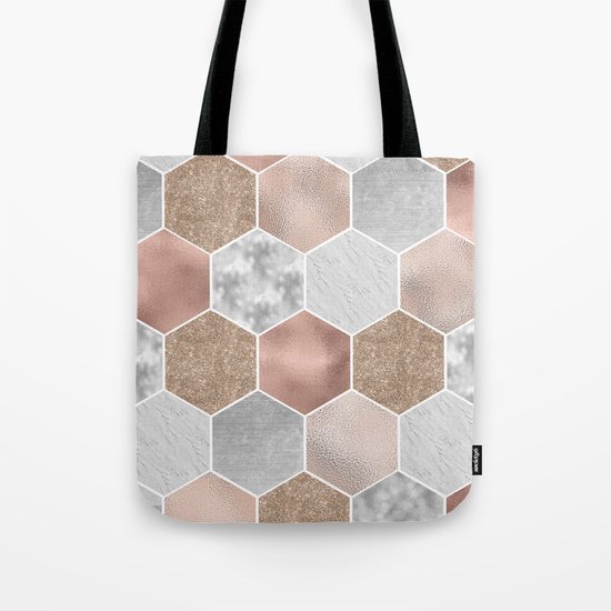 Gentle rose gold and marble hexagons Tote Bag