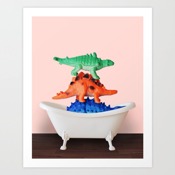 Playing dino in bathtub#pink Art Print