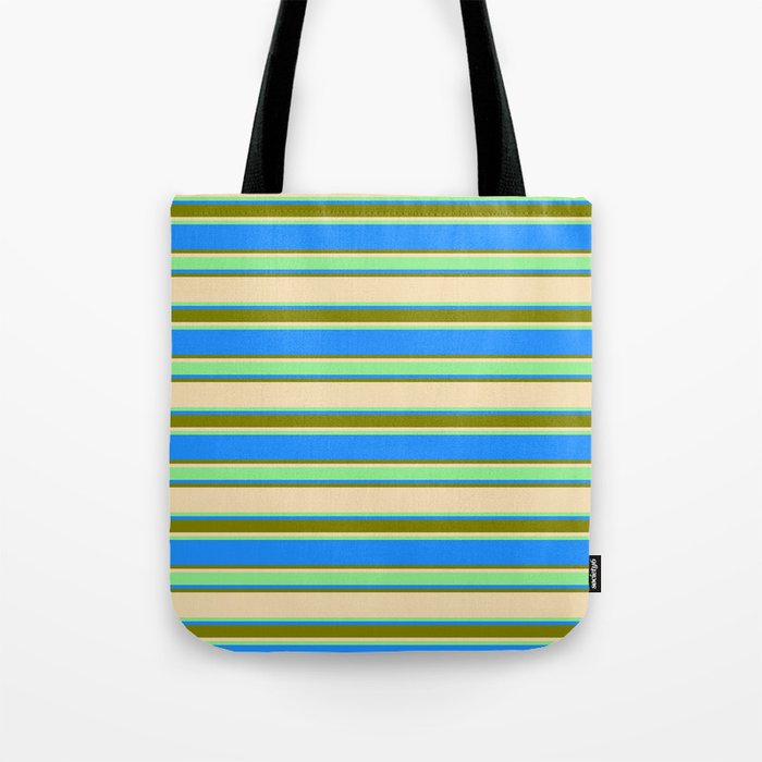 Tan, Light Green, Blue, and Green Colored Lined/Striped Pattern Tote Bag