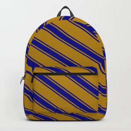 [ Thumbnail: Dark Goldenrod and Dark Blue Colored Stripes/Lines Pattern Backpack ]