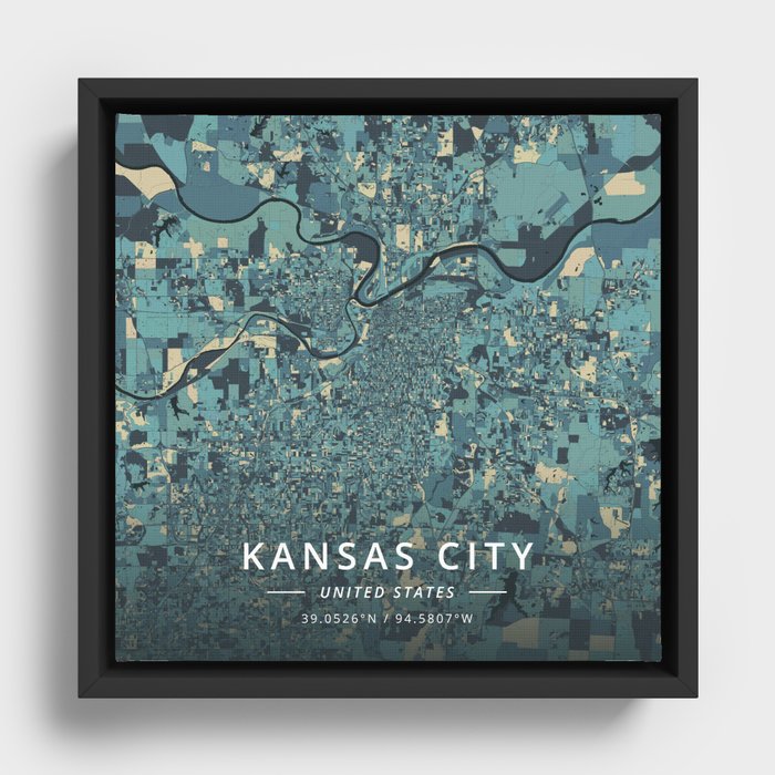 Kansas City, United States - Cream Blue Framed Canvas