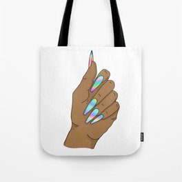 Woman Hand With Long Holographic Nails Tote Bag