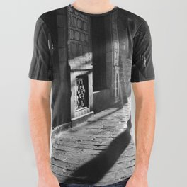 Rays of sun; European cobblestone cityscape black and white photograph / photography All Over Graphic Tee