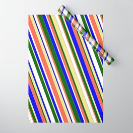 [ Thumbnail: Vibrant Blue, Tan, Dark Green, Red, and White Colored Stripes/Lines Pattern Wrapping Paper ]