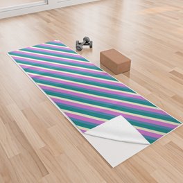 [ Thumbnail: Orchid, Blue, Teal & Light Yellow Colored Striped/Lined Pattern Yoga Towel ]