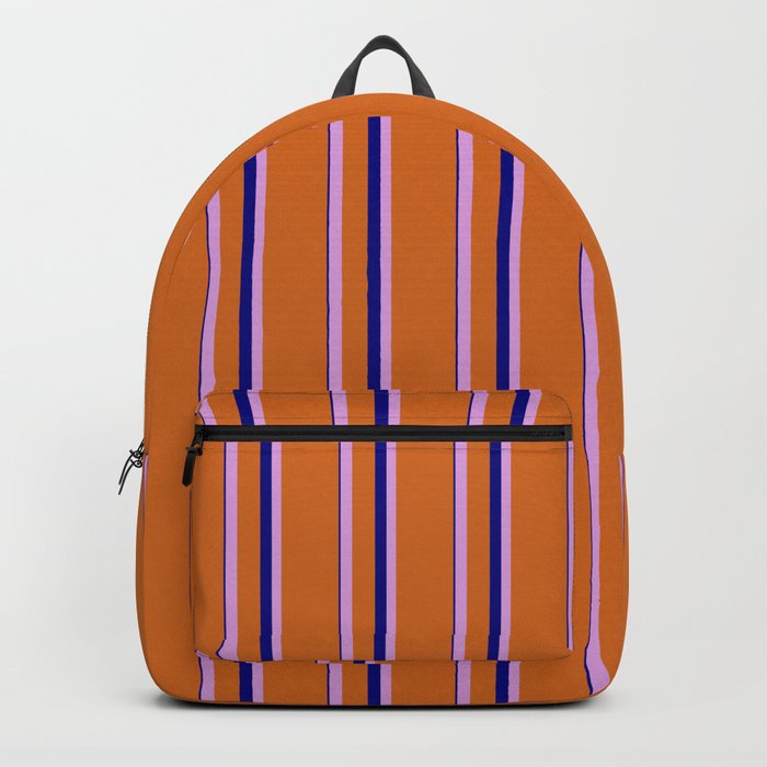 Chocolate, Plum, and Blue Colored Lined/Striped Pattern Backpack