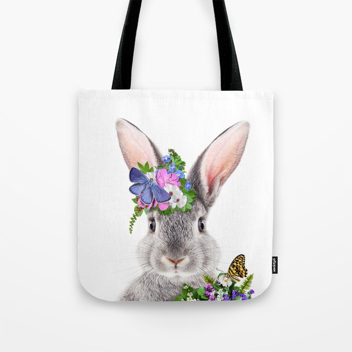 Baby Rabbit, Bunny with Flower Crown, Baby Animals Art Print by Synplus Tote Bag