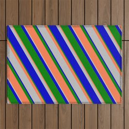 [ Thumbnail: Green, Coral, Grey, and Blue Colored Striped Pattern Outdoor Rug ]