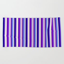 [ Thumbnail: Colorful Blue, Dark Violet, Cornflower Blue, Beige, and Plum Colored Lined Pattern Beach Towel ]