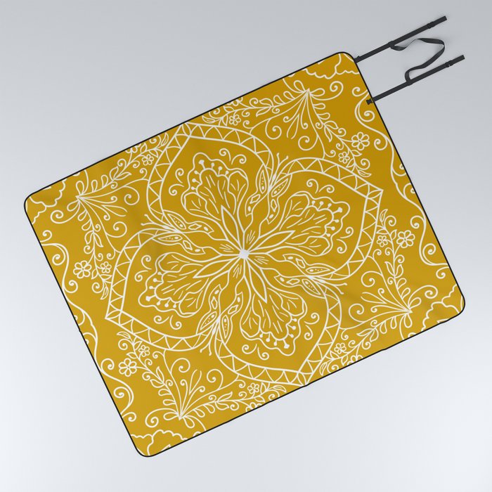 Mustard Yellow Boho Elegant Mandala Picnic Blanket