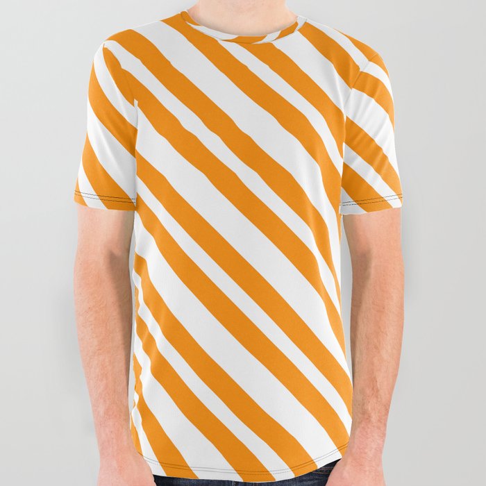 White & Dark Orange Colored Stripes/Lines Pattern All Over Graphic Tee
