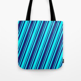 [ Thumbnail: Cyan & Midnight Blue Colored Stripes/Lines Pattern Tote Bag ]