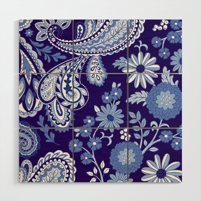 Floral and Paisley Mix Blues Wood Wall Art