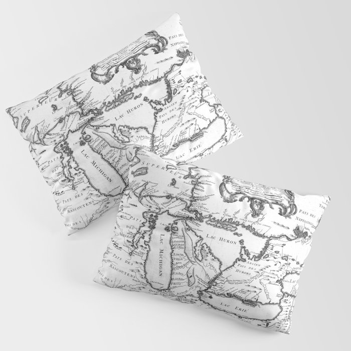 Vintage Map of The Great Lakes (1755) BW Pillow Sham