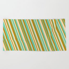 [ Thumbnail: Tan, Aquamarine & Dark Goldenrod Colored Striped/Lined Pattern Beach Towel ]