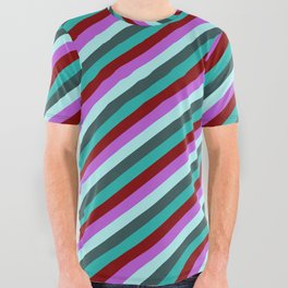 [ Thumbnail: Eyecatching Orchid, Turquoise, Dark Slate Gray, Light Sea Green & Maroon Colored Stripes Pattern All Over Graphic Tee ]