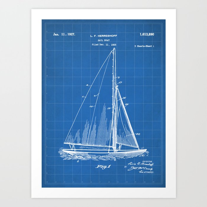 Sailboat Patent - Yacht Art - Blueprint Art Print