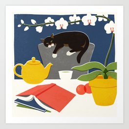 Tea with Book and Cat Art Print