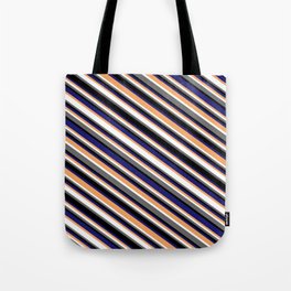 [ Thumbnail: Colorful Brown, White, Dim Gray, Black & Midnight Blue Colored Lines Pattern Tote Bag ]