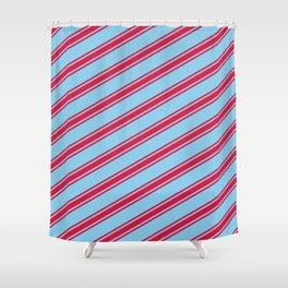 [ Thumbnail: Sky Blue & Crimson Colored Lines/Stripes Pattern Shower Curtain ]