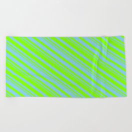 [ Thumbnail: Sky Blue and Chartreuse Colored Pattern of Stripes Beach Towel ]