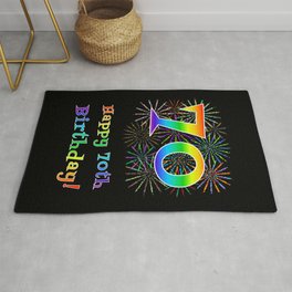 [ Thumbnail: 70th Birthday - Fun Rainbow Spectrum Gradient Pattern Text, Bursting Fireworks Inspired Background Rug ]