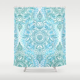 Turquoise Blue, Teal & White Protea Doodle Pattern Shower Curtain