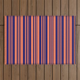 [ Thumbnail: Coral and Midnight Blue Colored Lines/Stripes Pattern Outdoor Rug ]