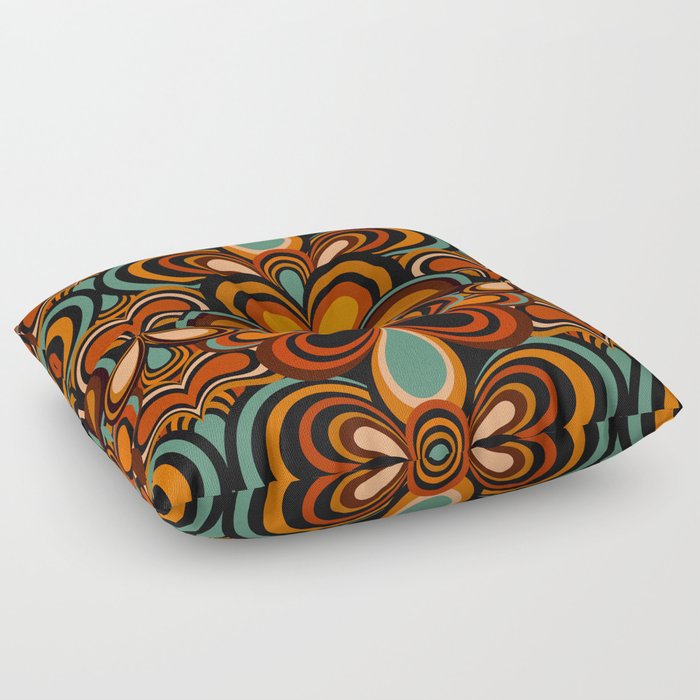70s Retro Psychedelic Pattern Orange Teal Floor Pillow