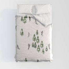 Holiday Skiers Illustration - Black and White Skiing Comforter