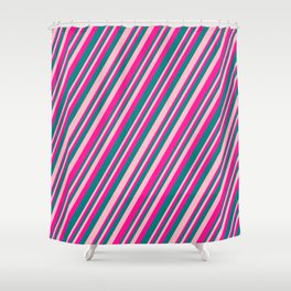 [ Thumbnail: Pink, Deep Pink, and Teal Colored Striped Pattern Shower Curtain ]