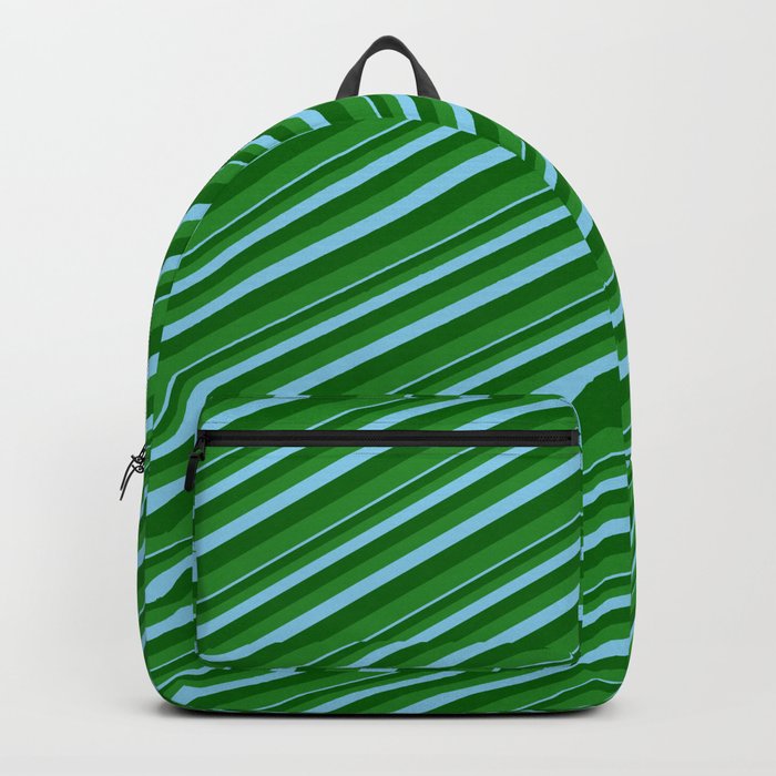 Sky Blue, Dark Green, and Forest Green Colored Lined Pattern Backpack