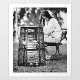 The parent trap - mother with baby in a trash can humorous parenting of a 2nd child black and white photograph - photography - photographs Art Print