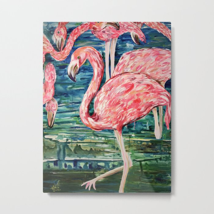 Flamingo Party Pink and Tropical Metal Print