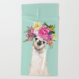 Flower Crown Llama in Green Beach Towel