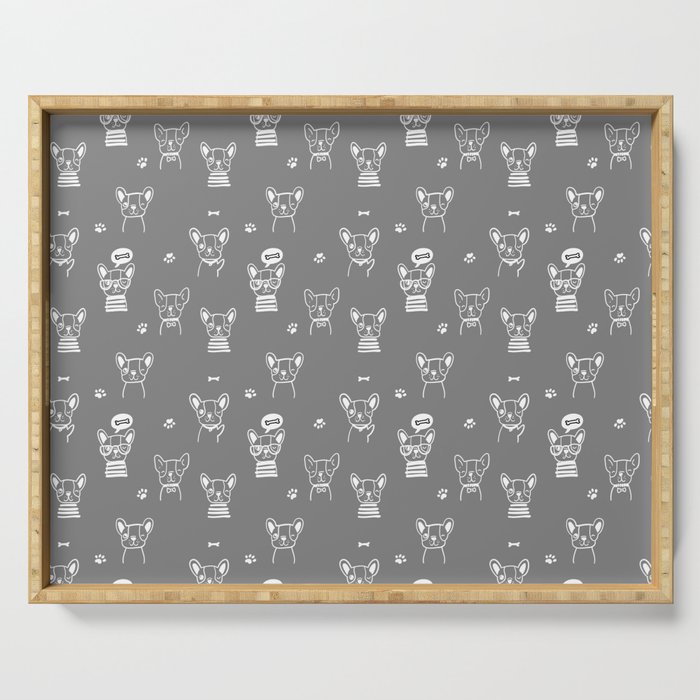 Grey and White Hand Drawn Dog Puppy Pattern Serving Tray