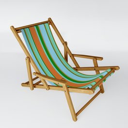 [ Thumbnail: Chocolate, Aquamarine, Sky Blue & Green Colored Stripes Pattern Sling Chair ]