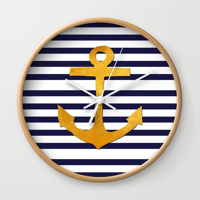 Marine Pattern Blue White Striped With Golden Anchor Wall Clock