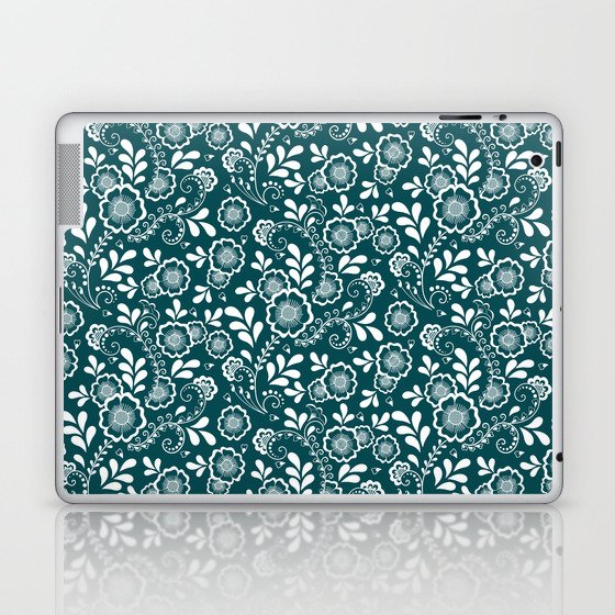 Teal Blue And White Eastern Floral Pattern Laptop & iPad Skin