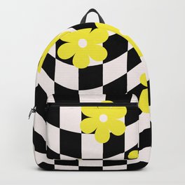 Black & White Wavy Checker with Yellow Flowers Backpack | Pattern, Wavy, Flower, Geometric, Blak, Mid Century, White, Checker, Checkerboard, 60S 