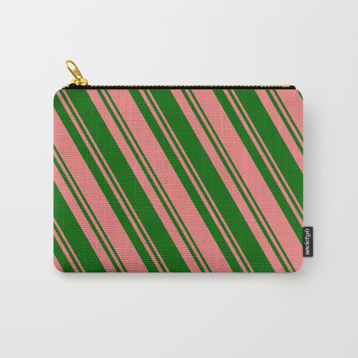 Light Coral and Dark Green Colored Lines Pattern Carry-All Pouch