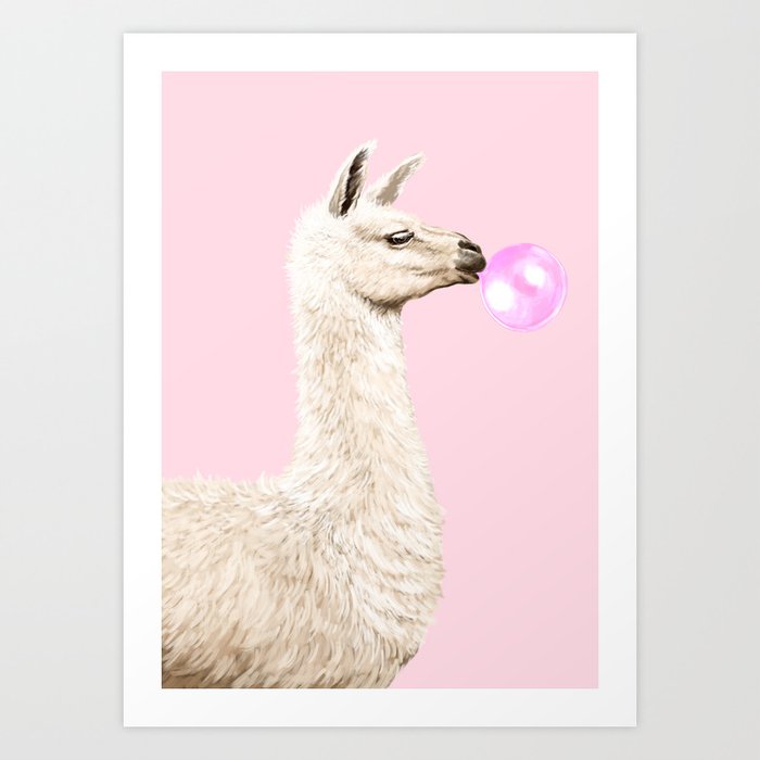Playful Llama Chewing Bubble Gum in Pink Art Print