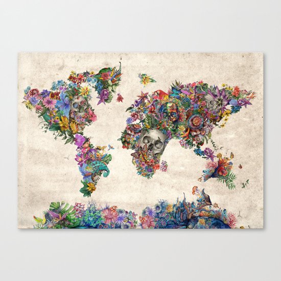 floral skull world map 2 Canvas Print