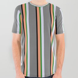 [ Thumbnail: Light Salmon, Black, Grey, Lavender, and Forest Green Colored Stripes Pattern All Over Graphic Tee ]