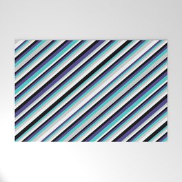 [ Thumbnail: Eyecatching Turquoise, Light Grey, White, Black & Dark Slate Blue Colored Stripes Pattern Welcome Mat ]