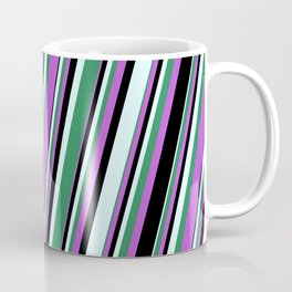 [ Thumbnail: Orchid, Black, Light Cyan, and Sea Green Colored Lined/Striped Pattern Coffee Mug ]
