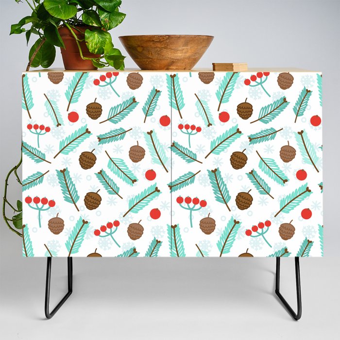 Christmas Pattern Turquoise Red Chestnut Holly Credenza